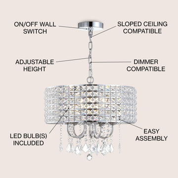 Reese 17" Metal/Crystal Adjustable LED Drop Chandelier - JONATHAN Y